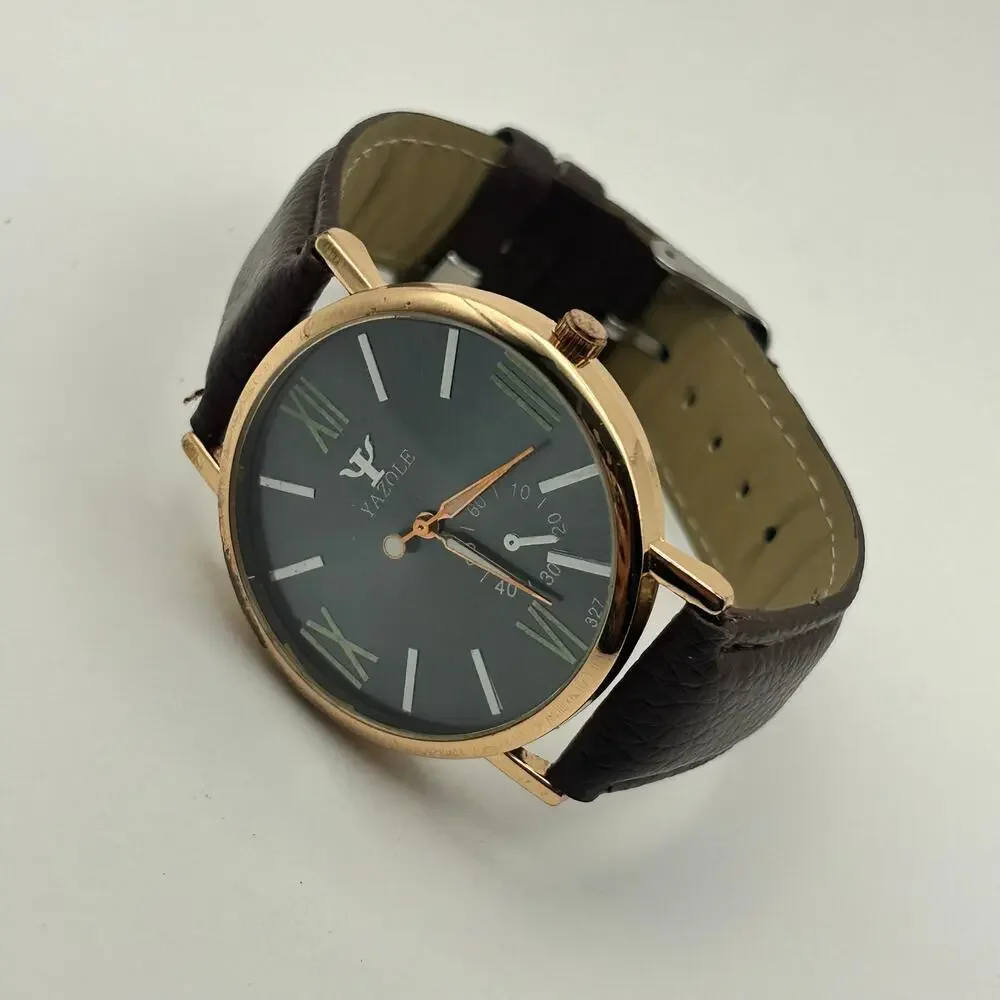 Yazole Roman Numeral Brown Leather Watch Working New Battery